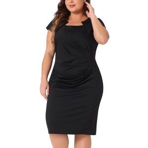 Plus Size Cap Sleeve Vintage Cocktail Business Midi Pencil Dress Black